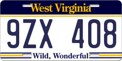 WV license plate 9ZX408