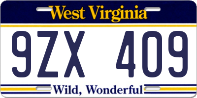 WV license plate 9ZX409