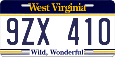 WV license plate 9ZX410