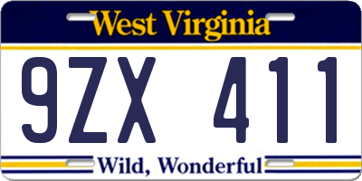 WV license plate 9ZX411