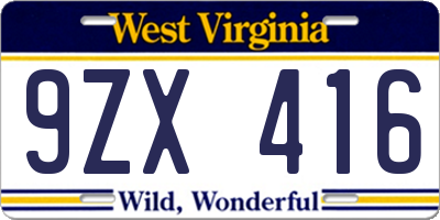 WV license plate 9ZX416