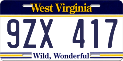 WV license plate 9ZX417