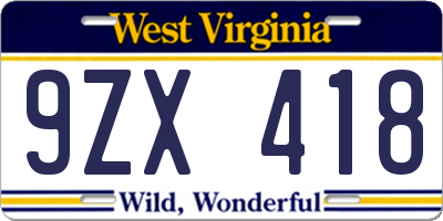 WV license plate 9ZX418