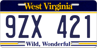 WV license plate 9ZX421