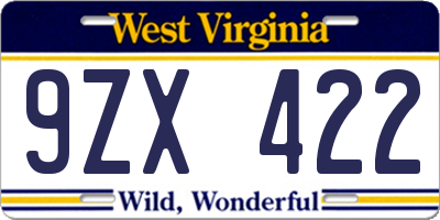 WV license plate 9ZX422
