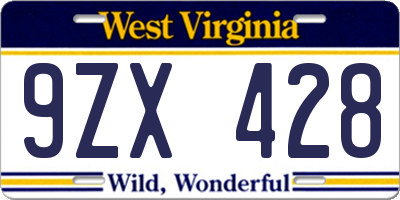 WV license plate 9ZX428
