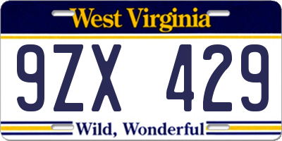WV license plate 9ZX429