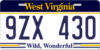 WV license plate 9ZX430