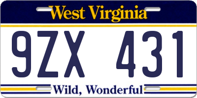 WV license plate 9ZX431