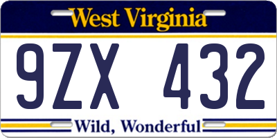 WV license plate 9ZX432