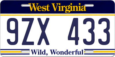 WV license plate 9ZX433