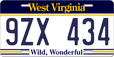 WV license plate 9ZX434