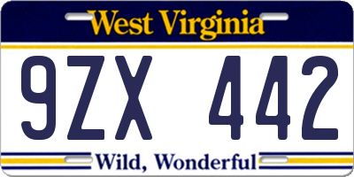 WV license plate 9ZX442
