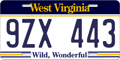 WV license plate 9ZX443