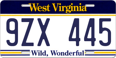 WV license plate 9ZX445