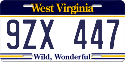 WV license plate 9ZX447