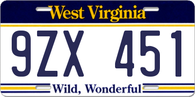 WV license plate 9ZX451