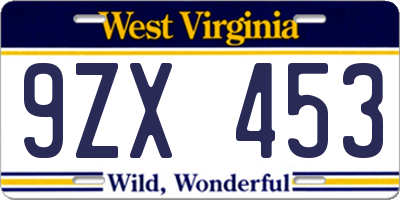 WV license plate 9ZX453