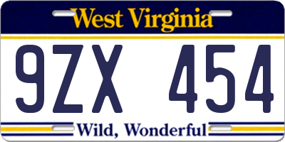 WV license plate 9ZX454