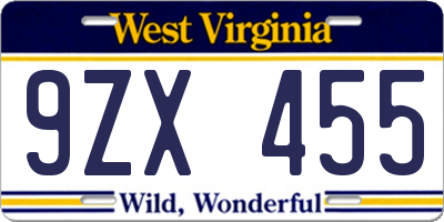 WV license plate 9ZX455
