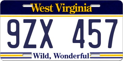WV license plate 9ZX457