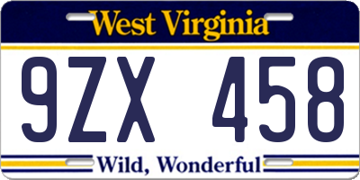 WV license plate 9ZX458