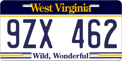 WV license plate 9ZX462