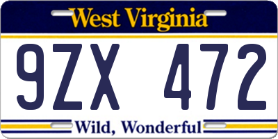 WV license plate 9ZX472