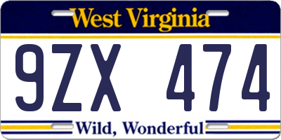 WV license plate 9ZX474