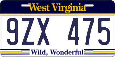 WV license plate 9ZX475
