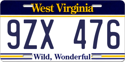 WV license plate 9ZX476