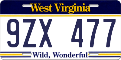 WV license plate 9ZX477