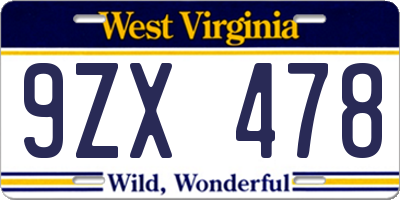 WV license plate 9ZX478