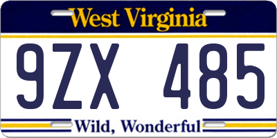 WV license plate 9ZX485