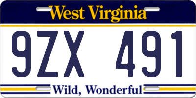 WV license plate 9ZX491