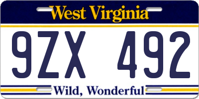 WV license plate 9ZX492
