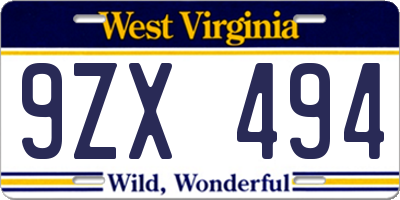WV license plate 9ZX494