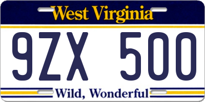 WV license plate 9ZX500