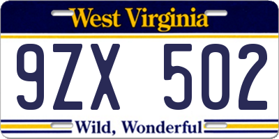 WV license plate 9ZX502
