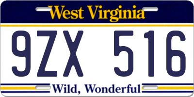 WV license plate 9ZX516