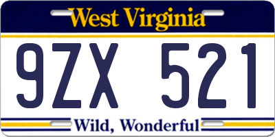 WV license plate 9ZX521