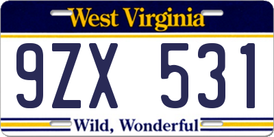 WV license plate 9ZX531