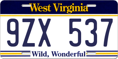 WV license plate 9ZX537