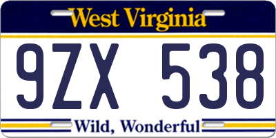 WV license plate 9ZX538