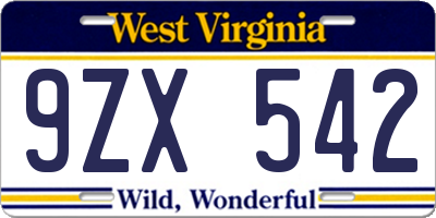 WV license plate 9ZX542