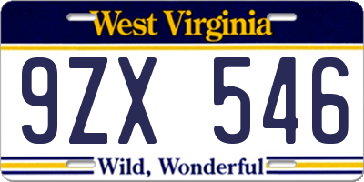 WV license plate 9ZX546