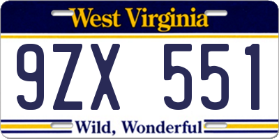 WV license plate 9ZX551