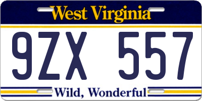WV license plate 9ZX557