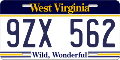 WV license plate 9ZX562