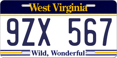 WV license plate 9ZX567
